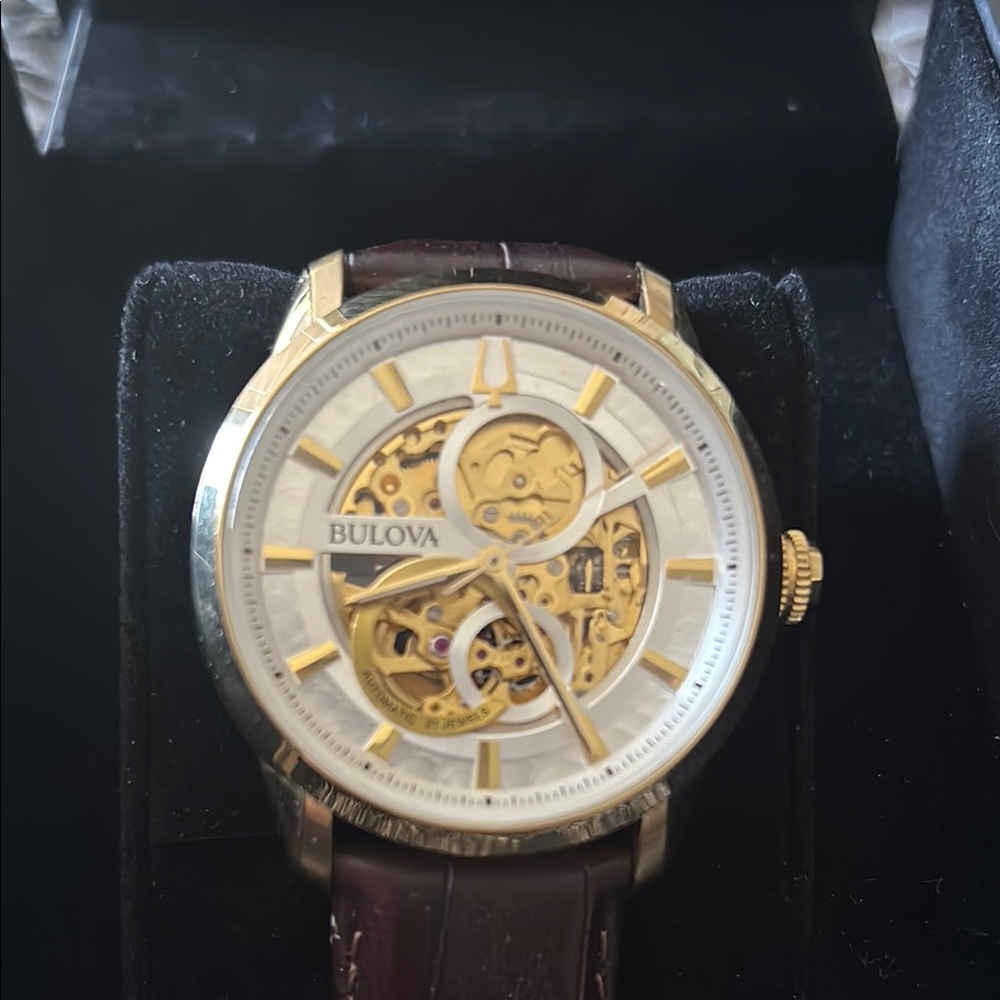 Bulova Gold and Brown Skeleton Watch